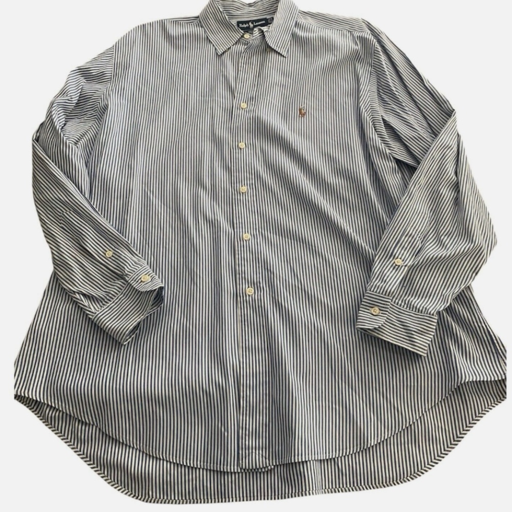 Ralph Lauren Shirt Men XL Blue White Striped Button Up Dress Poplin Golf Pony
